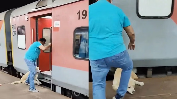 चलती ट्रेन में कुत्ते को लेकर चढ़ रहा था शख्स