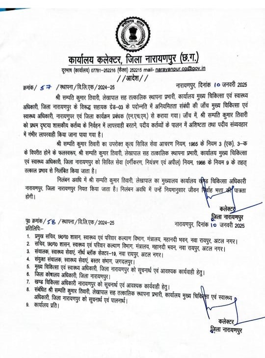 कलेक्टर ने किया स्वास्थ्य विभाग के लेखापाल को निलंबित 